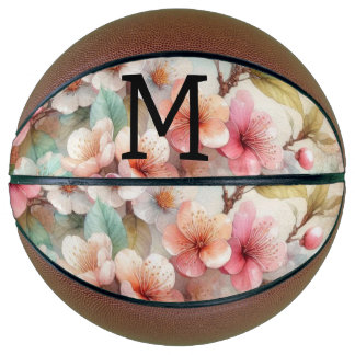 Floral watercolor monogram pink cherry blossoms  バスケットボール