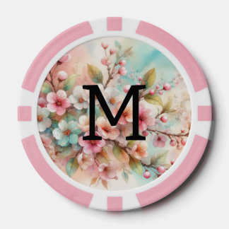 Floral watercolor monogram pink cherry blossoms  ポーカーチップ