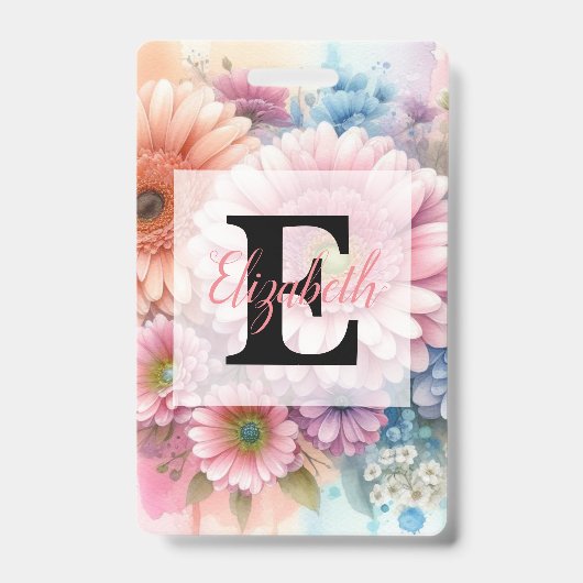 Floral watercolor monogram pink gerbera daisies  バッジ (表面)
