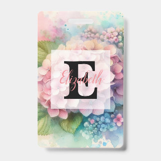 Floral watercolor monogram pink hydrangea  バッジ