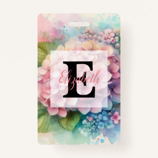 Floral watercolor monogram pink hydrangea  バッジ