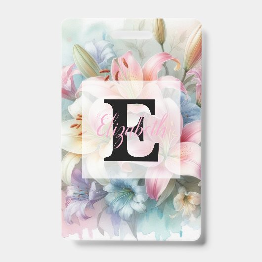 Floral watercolor monogram pink lilies flowers  バッジ (正面)