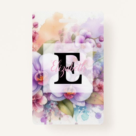 Floral watercolor monogram pink orchid flowers  バッジ (正面)