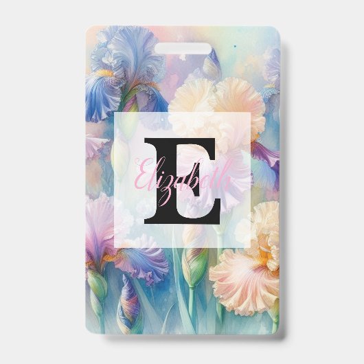Floral watercolor monogram purple iris flowers バッジ (正面)