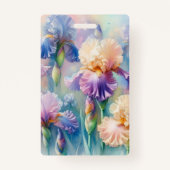 Floral watercolor monogram purple iris flowers バッジ (裏面)
