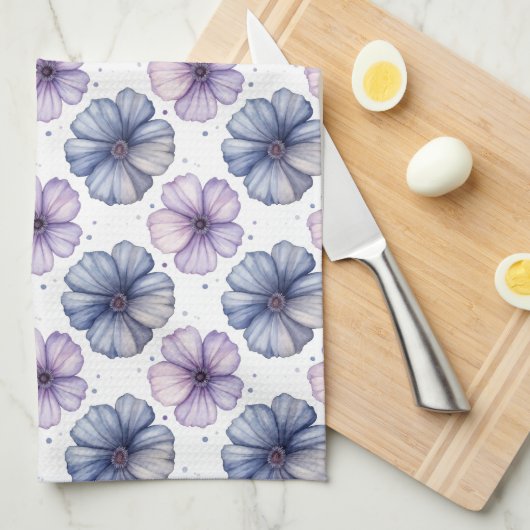 Floral Watercolor Pattern Lavender and Blue キッチンタオル (四つ折り)