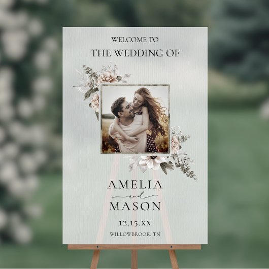 Floral Watercolor Photo Wedding Welcome Sign アクリルサイン