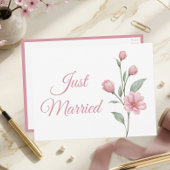 Floral Watercolor Pink Sage Just Married Wedding 案内ポストカード