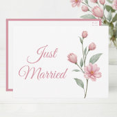 Floral Watercolor Pink Sage Just Married Wedding 案内ポストカード