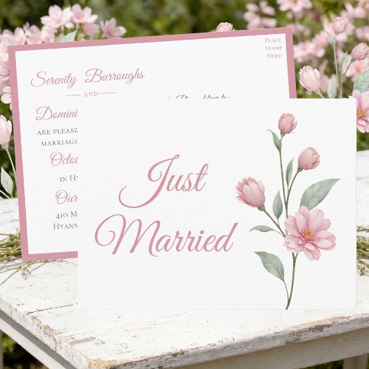 Floral Watercolor Pink Sage Just Married Wedding 案内ポストカード