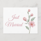 Floral Watercolor Pink Sage Just Married Wedding 案内ポストカード (正面)
