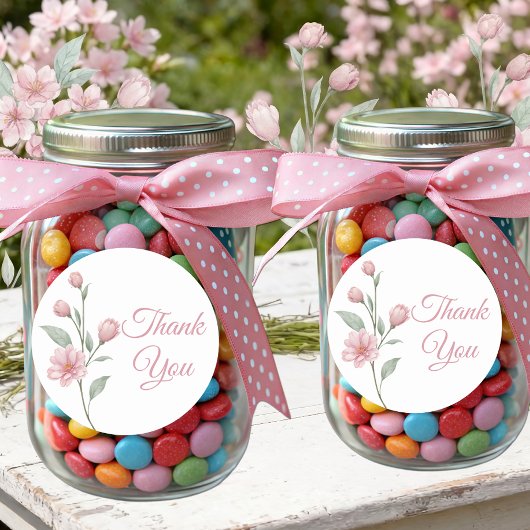 Floral Watercolor Pink Sage Wedding Thank You ラウンドシール