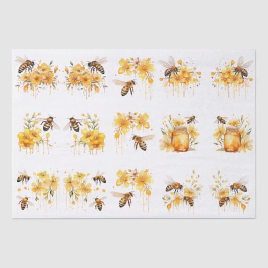 Floral Watercolor Summer Honey Bees Decoupage 薄葉紙 (正面)