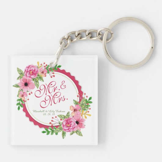 Floral Watercolor Wedding Keychain氏及び夫人 キーホルダー (裏面)