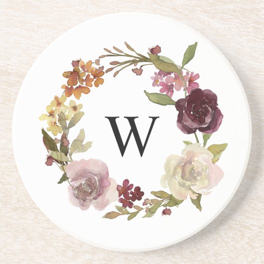 Floral Watercolor Wreath Monogram White コースター (正面)