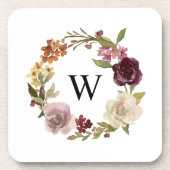 Floral Watercolor Wreath Monogram White コースター (正面)