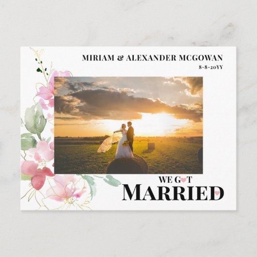 Floral We got married Wedding announcement  ポストカード (正面)