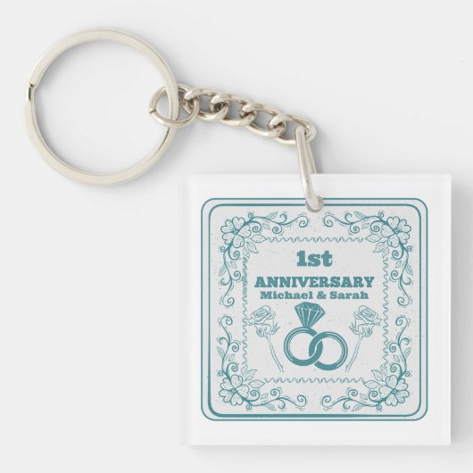 Floral wedding Anniversary Customizable year キーホルダー (正面)