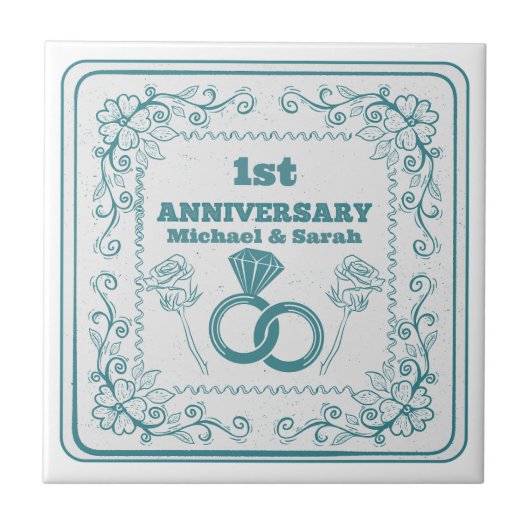 Floral wedding Anniversary Customizable year タイル (正面)