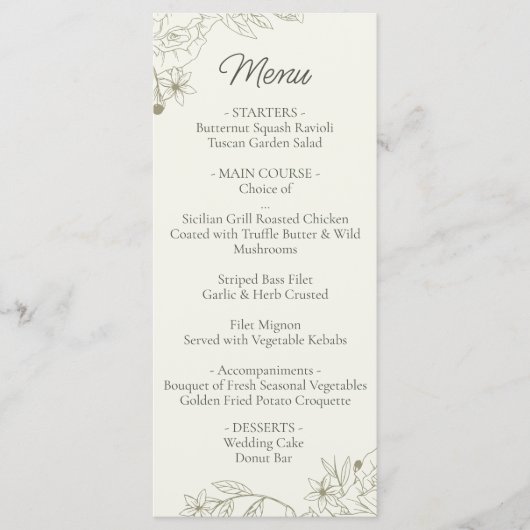 Floral Wedding Dinner Menu Card for Reception メニュー (正面)
