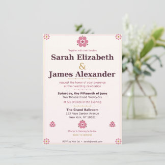  Floral Wedding Invitation Card — Pink & Gold Rose 招待状
