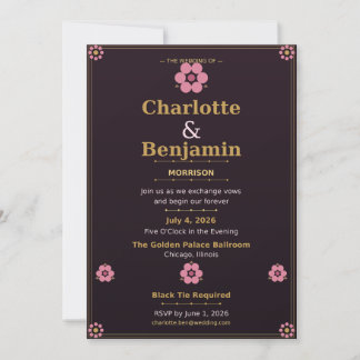  Floral Wedding Invitation Card — Pink & Gold Rose 招待状