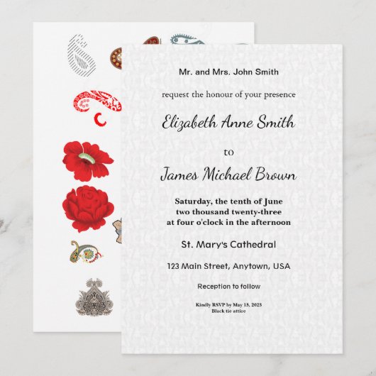 Floral Wedding Invitation Elegant Red Rose カード (正面/裏面)