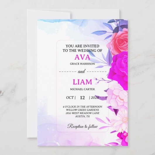 Floral Wedding Invitation in Blue & Turquoise 招待状 (正面)