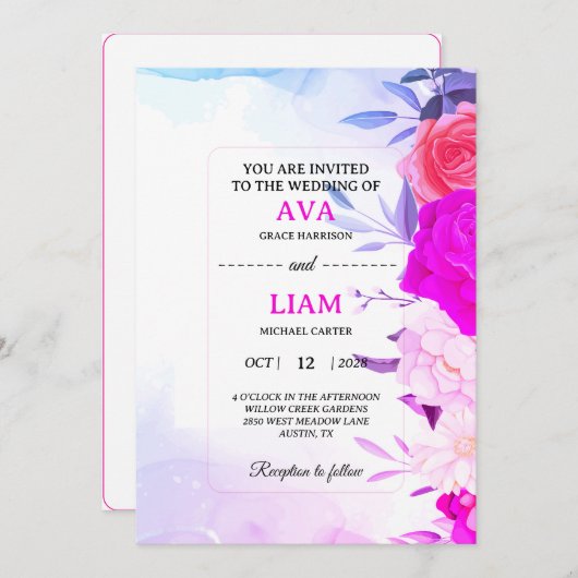 Floral Wedding Invitation in Blue & Turquoise 招待状 (正面/裏面)