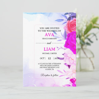 Floral Wedding Invitation in Blue & Turquoise 招待状