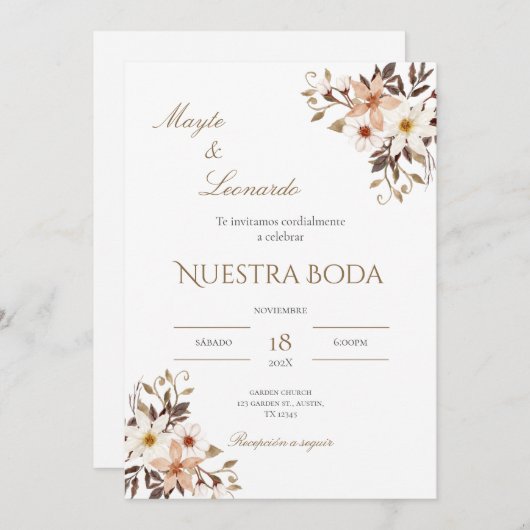  Floral wedding invitation in Spanish 招待状 (正面/裏面)