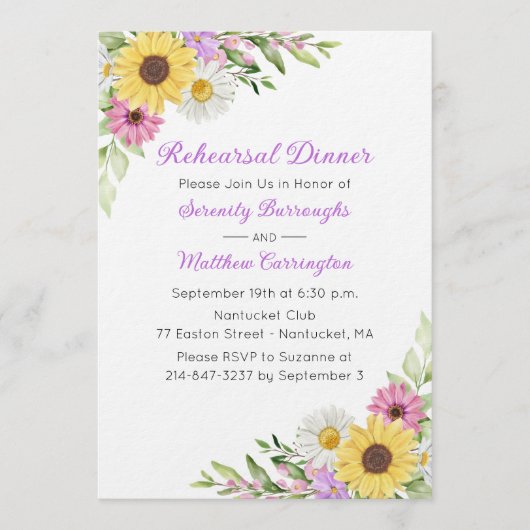 Floral Wedding Sunflower Daisy Rehearsal Dinner 招待状 (正面)