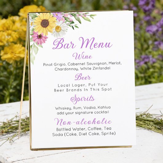 Floral Wedding Wildflower Sunflower Daisy Bar Menu