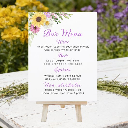 Floral Wedding Wildflower Sunflower Daisy Bar Menu