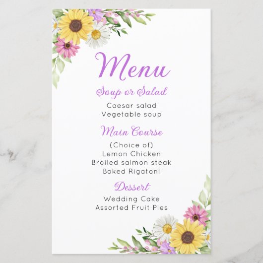 Floral Wedding Wildflower Sunflower Daisy Menu (正面)