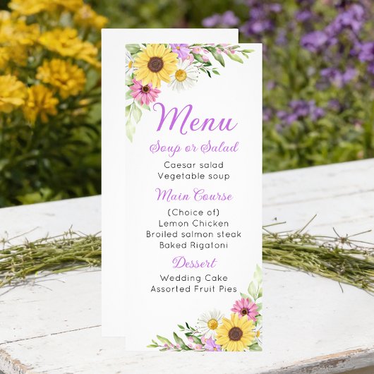 Floral Wedding Wildflower Sunflower Daisy Menu ラックカード