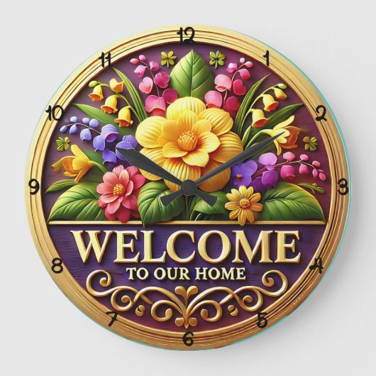 Floral Welcome To Our Home ラージ壁時計 (正面)