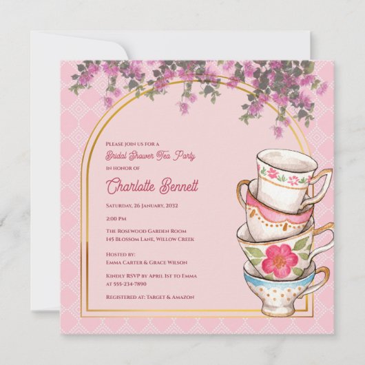 Floral Whimsical Teacup Bridal Shower Invitation  (正面)