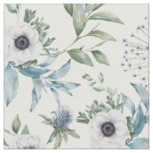 Floral White Anemone Thistle Botanical ファブリック (クローズアップ)