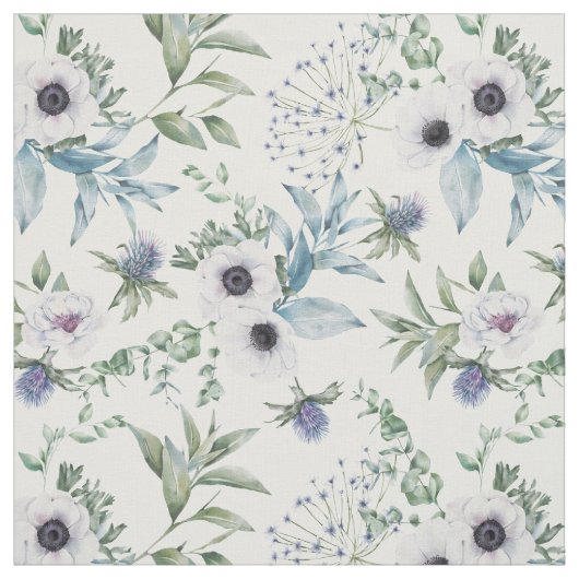Floral White Anemone Thistle Botanical ファブリック (見本)
