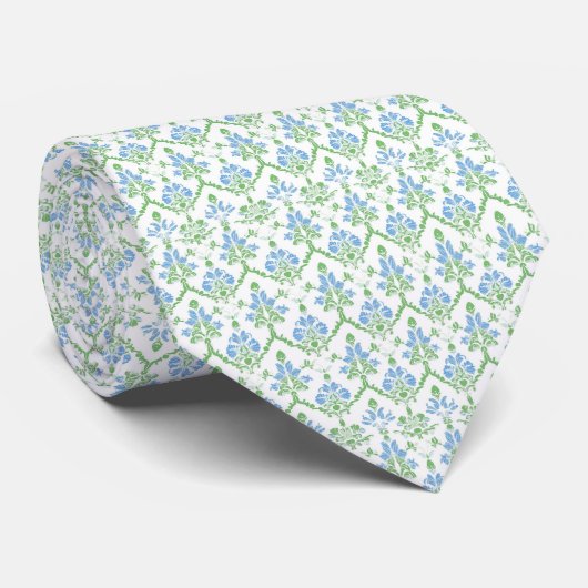 Floral white blue green neck tie ネクタイ (ロール)