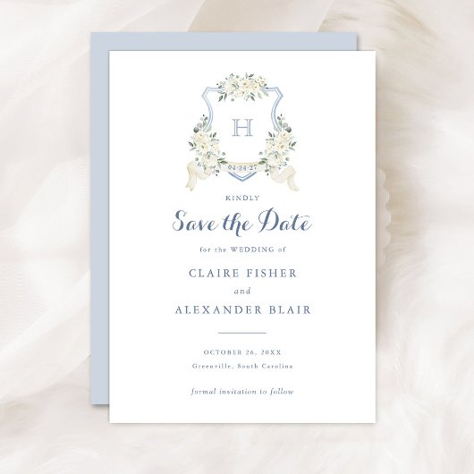 Floral White Dusty Blue Crest Save the Date 招待状