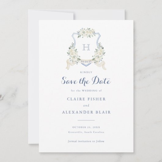 Floral White Dusty Blue Crest Save the Date 招待状 (正面)