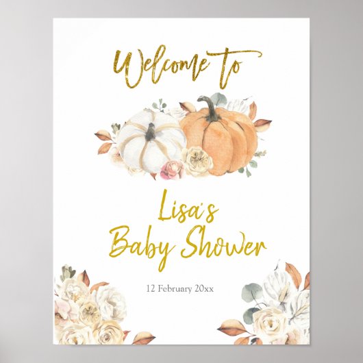 Floral White Pumpkin Baby Shower Welcome Poster ポスター (正面)