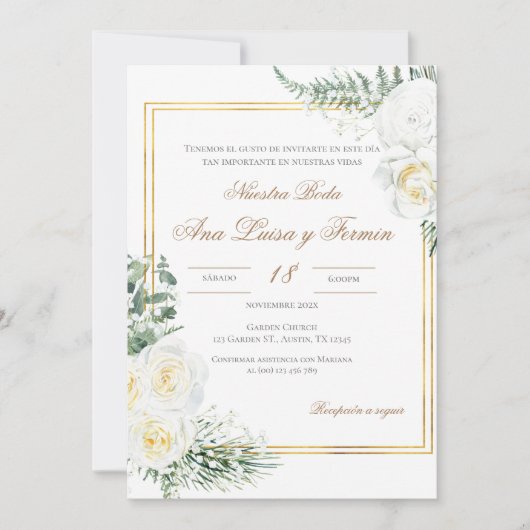 Floral White Spanish Wedding Invitation 招待状 (正面)