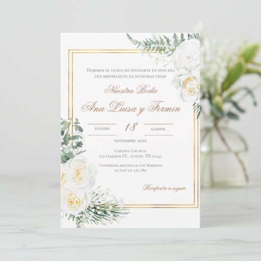Floral White Spanish Wedding Invitation 招待状 (スタンド正面)