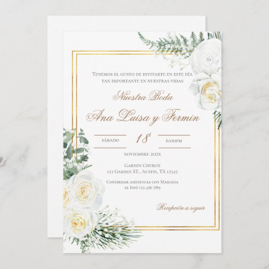 Floral White Spanish Wedding Invitation 招待状 (正面/裏面)
