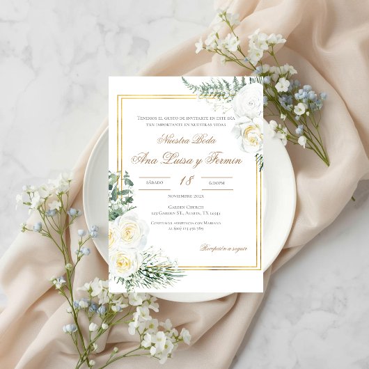 Floral White Spanish Wedding Invitation 招待状