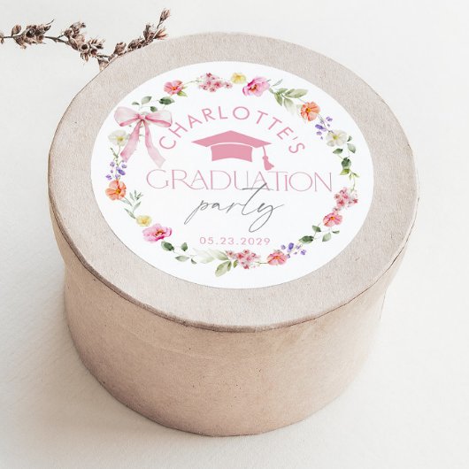 Floral Widflower Pink Bow Graduation party ラウンドシール