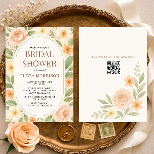 Floral Wildflower Botanical QR Code Bridal Shower 招待状